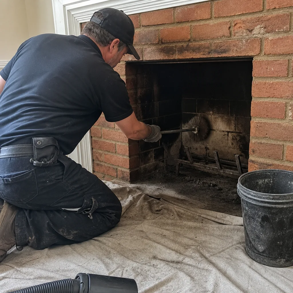 Professional chimney sweep cleaning a fireplace with a cleaning brush