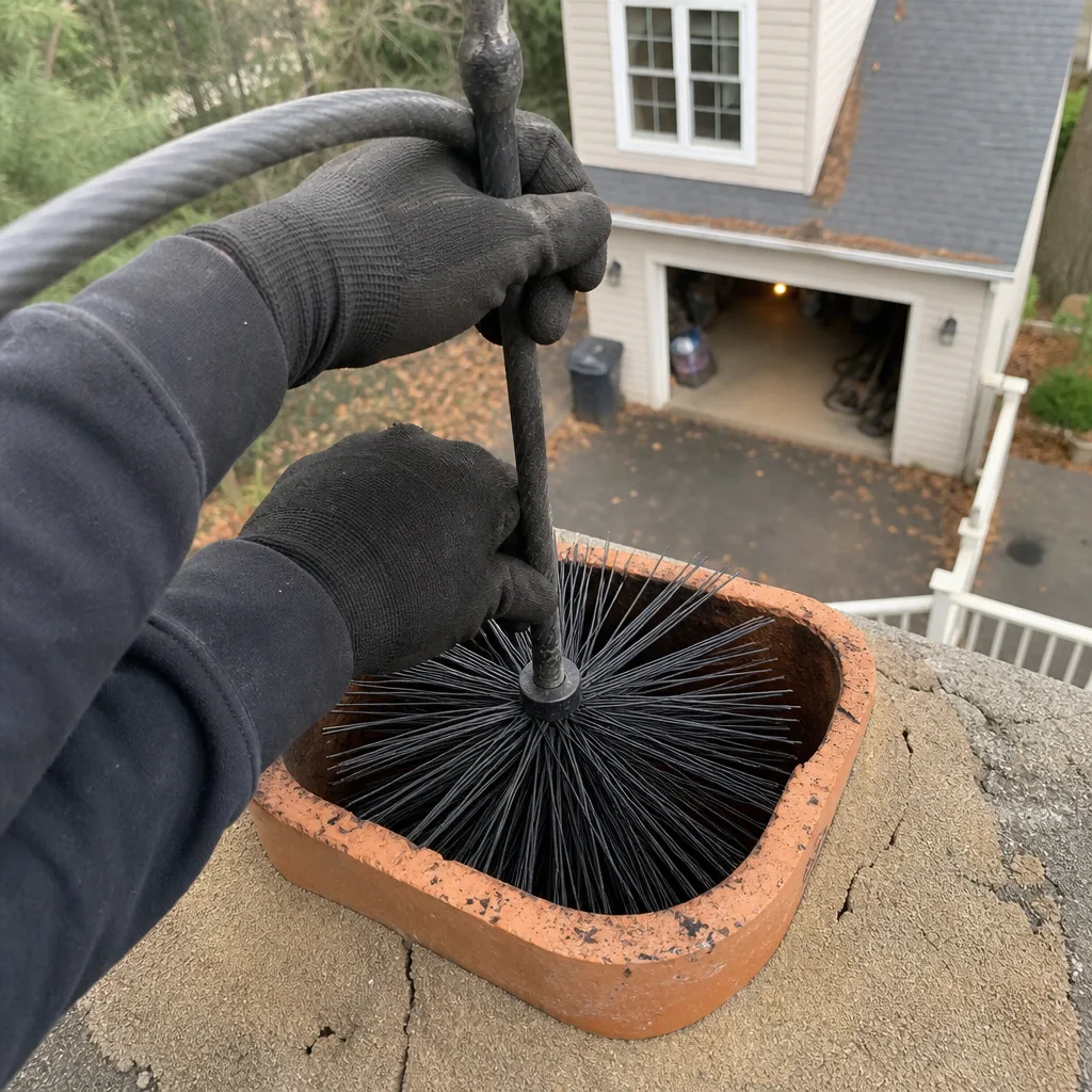 Professional technician performing residential chimney cleaning and sweeping service